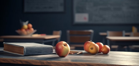 Empty wood table top counter and blur bokeh, blurred classroom interior background, back to school concept, ready for product montage, by ai generativeの素材