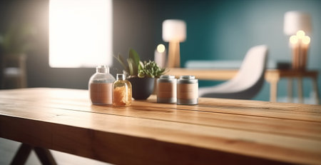 Empty wood table top with blurred spa interior background, clean and bright concept, ready for product montage, by ai generativeの素材
