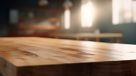 Empty wood table top counter and blur bokeh, blurred school interior background in clean and bright concept, ready for product montage, by ai generativeの素材