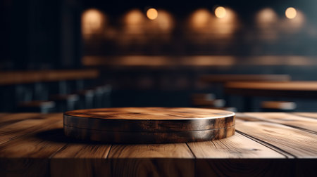 Empty wood table top with party background blurred, clean and bright concept, ready for product montage, by ai generativeの素材