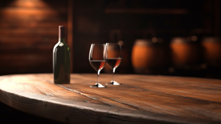 Empty wood table top with wine glasses  background, cellar with barrels of wine and whiskey, blurred interior, ready for product montage, by ai generativeの素材