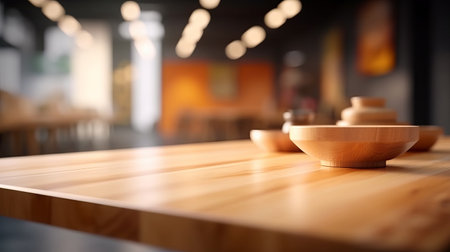 Empty wood table top counter and blur bokeh, blurred modern showroom interior background, ready for product montage, by ai generativeの素材