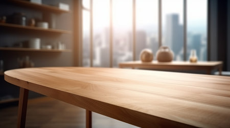 Empty wood table top counter and blur bokeh, blurred modern showroom interior background, ready for product montage, by ai generativeの素材