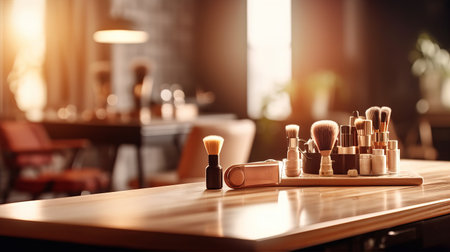 Empty wood table top with blurred spa interior background, clean and bright concept, ready for product montage, by ai generativeの素材