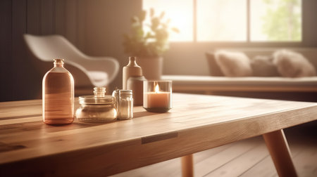 Wood table top with blurred spa interior background, ready for product montage, by ai generativeの素材