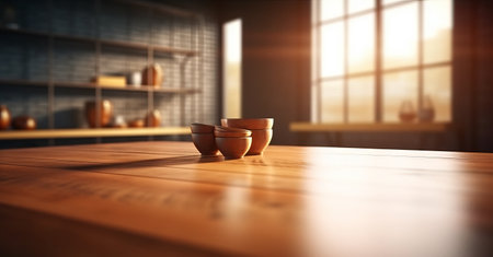 Empty wood table top counter and blur bokeh, blurred modern showroom interior background, ready for product montage, by ai generativeの素材