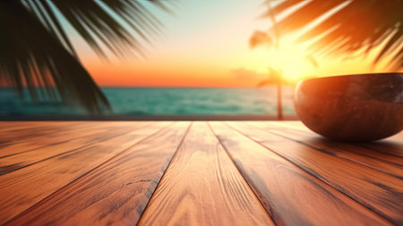 Empty wood table top, blurred tropical sunset background in clean and bright concept, ready for product montage, by ai generativeの素材