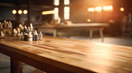 Empty wood table top counter and blur bokeh, blurred modern workshop interior background, ready for product montage, by ai generativeの素材