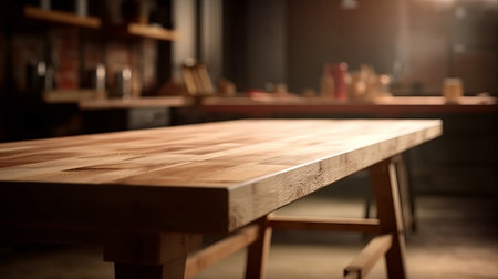 Empty wood table top counter and blur bokeh, blurred modern workshop interior background, ready for product montage, by ai generativeの素材