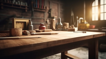 Empty wood table top counter and blur bokeh, blurred modern workshop interior background, ready for product montage, by ai generativeの素材
