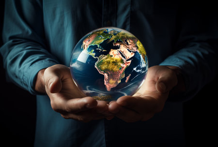 planet in the hands of a politician and the head of a country in the office of a businessman, concept of power in the hands, by ai generativeの素材