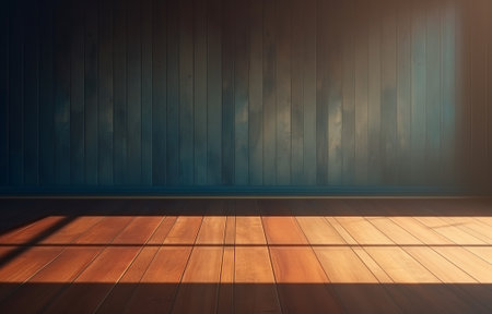 empty room interior with sunlight coming through the window and shadow lighting with spotlight, showroom studio with wooden floor and blue wall, minimal concept, by ai generativeの素材