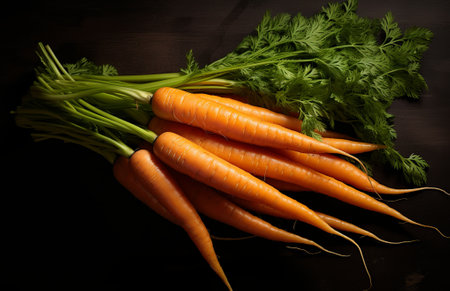 Bunches of colorful orange carrots with green tops held together with elastic bands. Selective focus with space for text., by ai generativeの素材