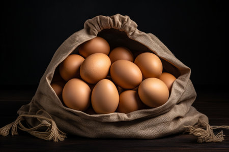 Chicken eggs in sack bag on dark background., by ai generativeの素材