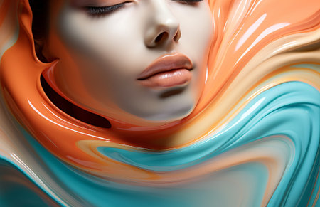 face of a young woman with clean beautiful skin with stylish makeup and full of colorful splashes of cosmetics and orange cream, by ai generativeの素材