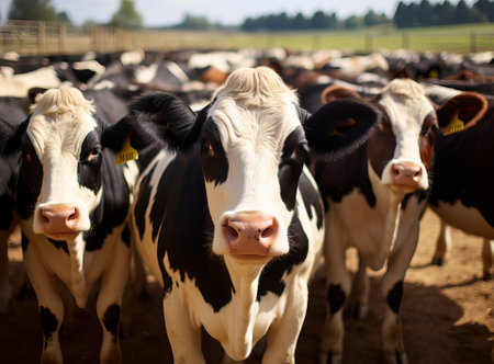 cows graze on the field near the farm, natural farming and animal husbandry, by ai generativeの素材
