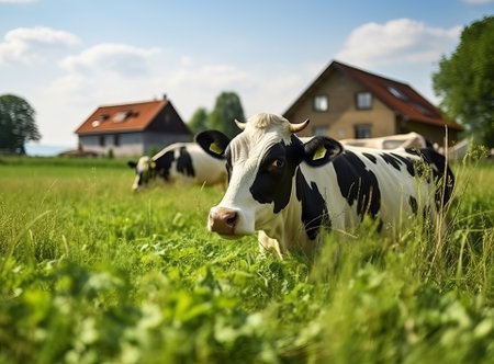 cows graze on the field near the farm, natural farming and animal husbandry, by ai generativeの素材