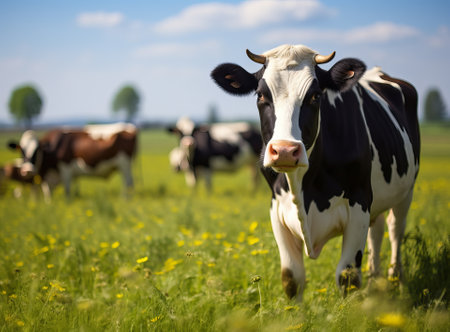 cows graze on the field near the farm, natural farming and animal husbandry, by ai generativeの素材