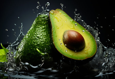 Fresh avocado on rustic dark wooden table. Raw fruits healthy green food. Wet avocados with water drops., by ai generativeの素材