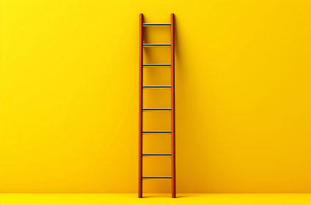 ladder on bright colored wall, in the style of yellow and black minimalism, by ai generativeの素材