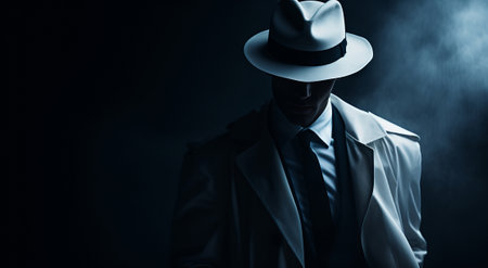 man wearing hat and trenchcoat is standing in front of dark background, spy watches from the dark, killer waits in the dark, by ai generativeの素材