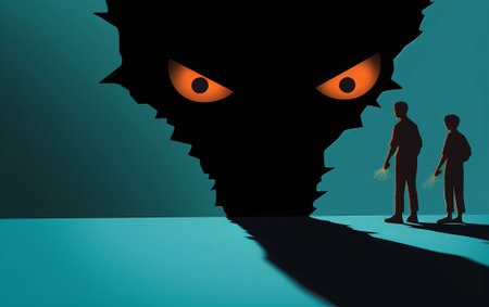 two child is watching demon swoop across in the shadow, evil monster standing and looking into light, battle with your fears. concept of victory over inner fear, by ai generativeの素材