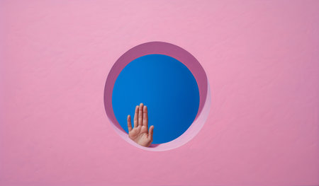 person putting a hand around a pink hole, in the style of minimalist composition, pink and blue, surreal pop, realist detail, handheld, by ai generativeの素材