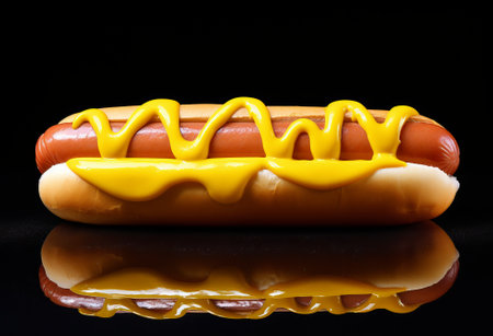 Hot dog grill with mustard isolated on dark background. hotdog fast food., by ai generativeの素材