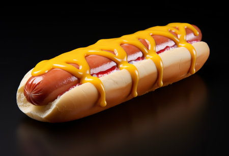 Hot dog grill with mustard isolated on dark background. hotdog fast food., by ai generativeの素材