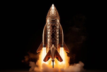 rocket is fired up to launch a launch pad. acroecosmosphere spacecraft launch, by ai generativeの素材