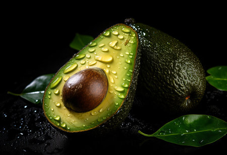 Fresh avocado on rustic dark wooden table. Raw fruits healthy green food. Wet avocados with water drops., by ai generativeの素材
