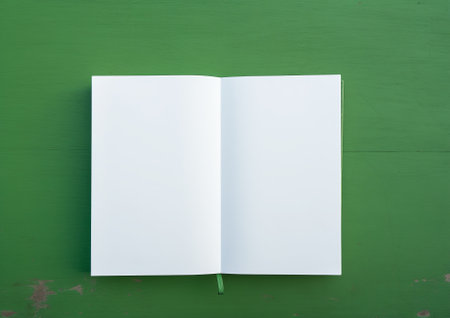 empty white notebook on green surface in the style of minimalist. clear notepad, by ai generativeの素材