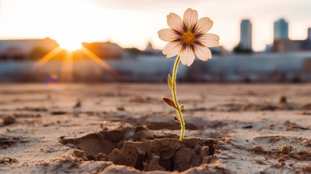 flower grows from cracked dry land on blurred background, by ai generativeの素材