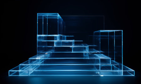 digital stair is made of blue electronic light and has flag, digital stairs and flag going up on blue background, by ai generativeの素材