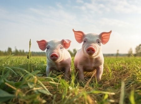 two pigs on a green field near grass and crops on the back of farm, by ai generativeの素材