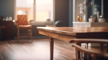 Empty wood table top counter and blur bokeh, blurred modern kitchen interior background in clean and bright concept, ready for product montage, by ai generativeの素材