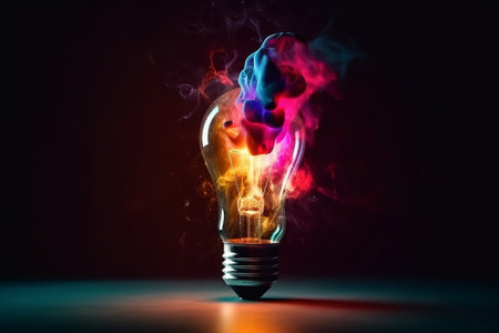 Light bulb with colored splashes and smoke inside on a black background. abstract screensaver wallpaper, by ai generativeの素材