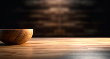 Empty wood table top, with dishes, blurred modern  interior background, ready for product montage, by ai generativeの素材
