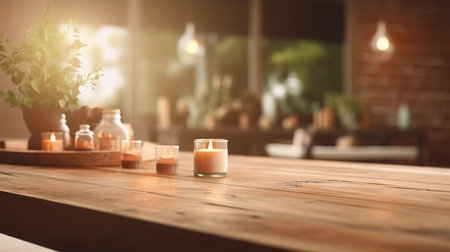 Wood table top with blurred spa interior background, ready for product montage, by ai generativeの素材