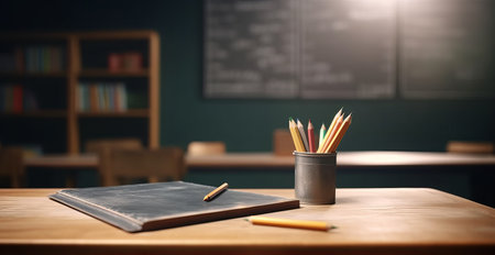 Empty wood table top counter and blur bokeh, blurred classroom interior background, back to school concept, ready for product montage, by ai generativeの素材