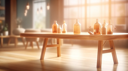 Wood table top with blurred spa interior background, ready for product montage, by ai generativeの素材