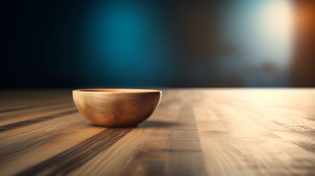 Empty wood table top, with dishes, blurred modern  interior background, ready for product montage, by ai generativeの素材