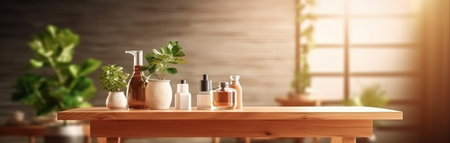 Empty wood table top with blurred spa interior background, clean and bright concept, ready for product montage, by ai generativeの素材