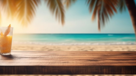 Empty wood table top, blurred tropical beach background in clean and bright concept, ready for product montage, by ai generativeの素材