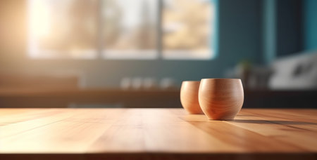 Empty wood table top counter and blur bokeh, blurred modern home room interior background in clean and bright concept, ready for product montage, by ai generativeの素材