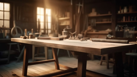 Empty wood table top counter and blur bokeh, blurred modern workshop interior background, ready for product montage, by ai generativeの素材