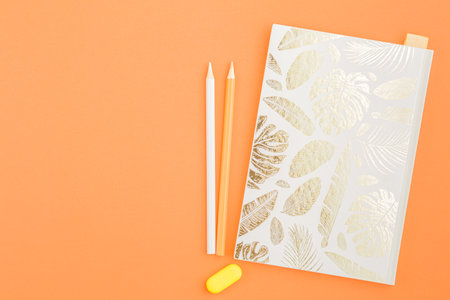 Craft notebook with colored pencils.の写真素材