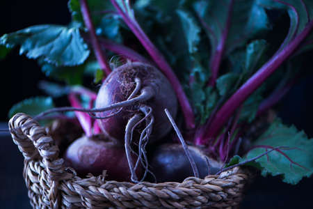 Fresh organic beets, beetroots in rustic basket. Angle view. Low key. Selective soft focusの写真素材