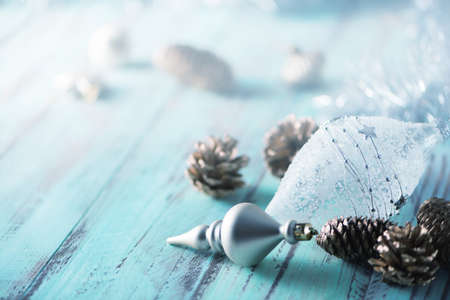 Light Nice Christmas decorated rustic background. Copy space for greeting card.の写真素材