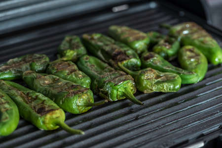 Grilled green bell peppers on electric grill spanish style. Close up view.3の写真素材